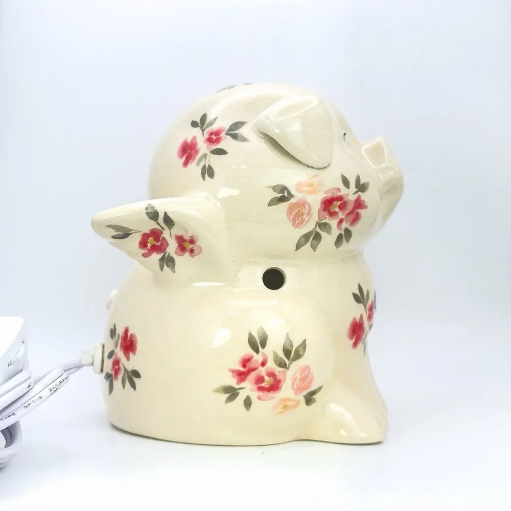VTG. FLYING ANGEL PIG NIGHT LIGHT RED&PINK FLORAL CRACKLED FINISH WORKS GREAT.